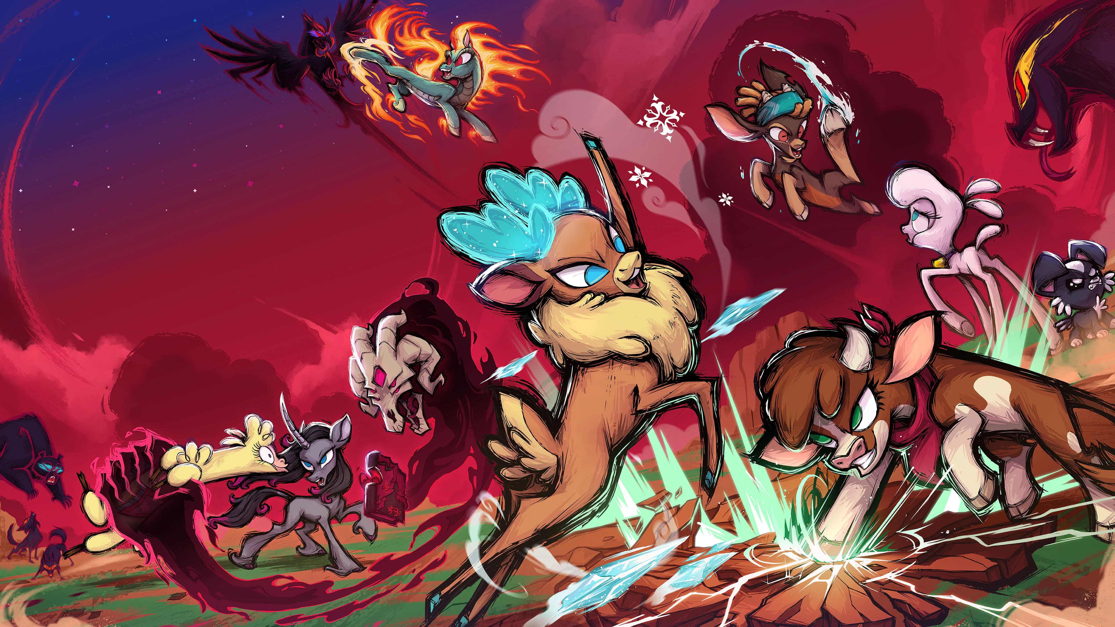 Them's Fightin' Herds key art, featuring the main 7 cast of characters.